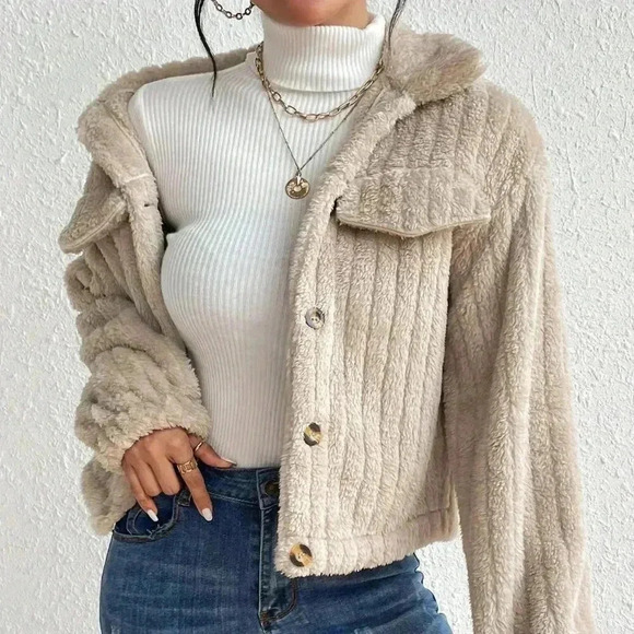 Apricot Casual Women's Flap Detail Fluffy Jacket - Picture 4 of 7